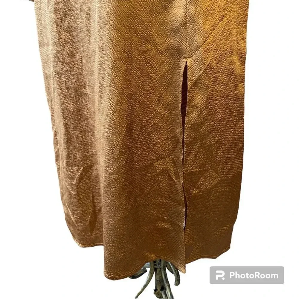 Lulu’s 4SI3NNA Brielle Bronze Satin Long Sleeve Midi Dress in Bronze Copper